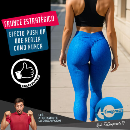 Calza Push Up Frunce Levanta Cola Tiro Alto Deportiva Lycra - Celeste - Imagen 2