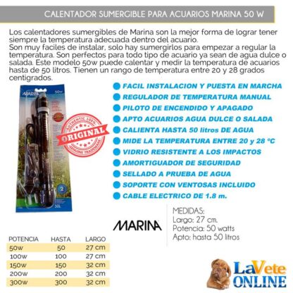 Marina Calentador Sumergible 50W 27 cm 50 Litros (11232) - Imagen 2