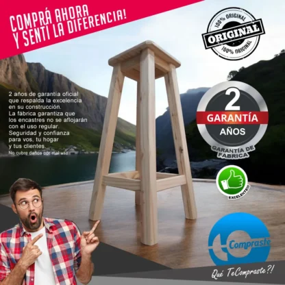 Banco de Madera Banqueta / Taburete Fabricado en Pino Desayunador Bar Quincho Emprendimientos Garantia 2 Años - Imagen 10