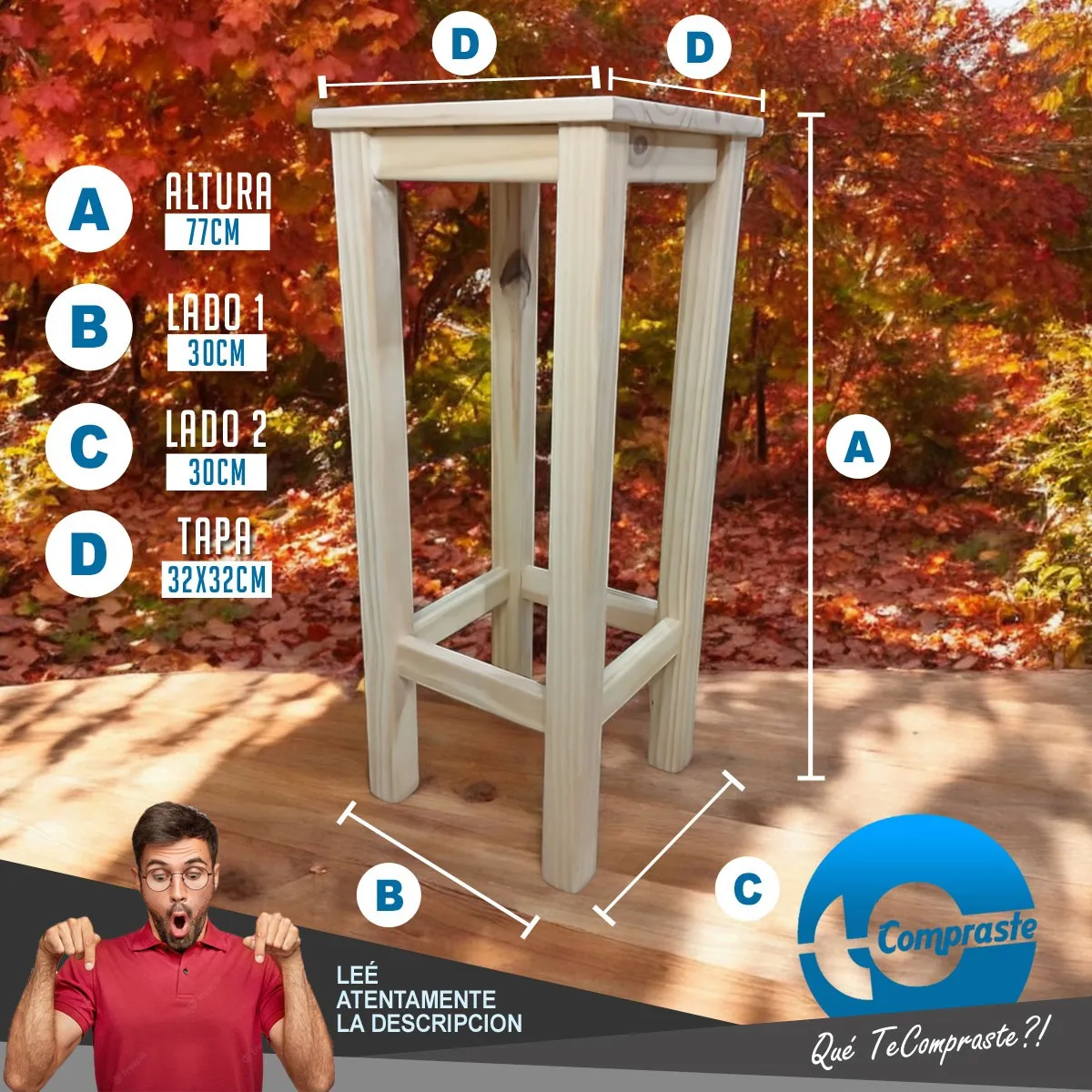 Banqueta Banco Alto Pino Natural Macizo Cocina Quincho Bar 77cm Garantia 2 Años - Imagen 2