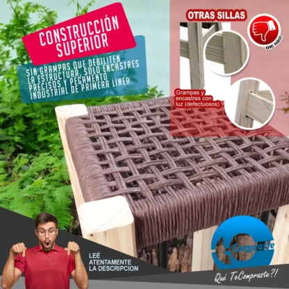 Banco Madera Pino Taburete Banqueta Encordado Alto Garantia Pino Natural Pino Garantia 2 Años - Imagen 5