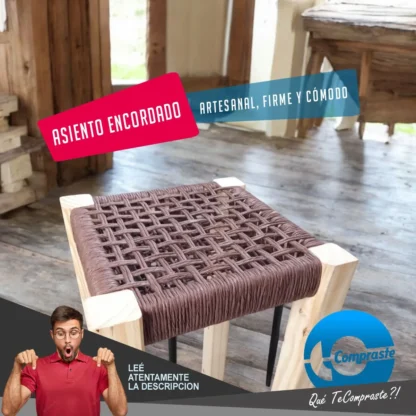 Banco Madera Pino Taburete Banqueta Encordado Alto Garantia Pino Natural Pino Garantia 2 Años - Imagen 3