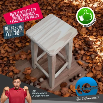 Banco de Madera Banqueta / Taburete Fabricado en Pino Desayunador Bar Quincho Emprendimientos Garantia 2 Años - Imagen 3