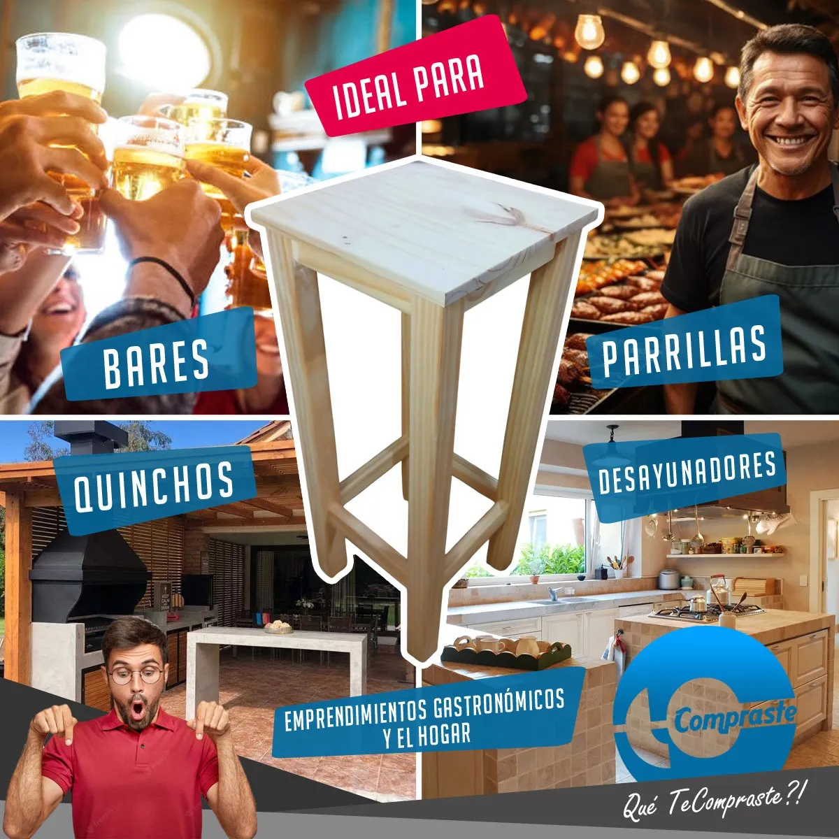 Banqueta Banco Alto Pino Natural Macizo Cocina Quincho Bar 77cm Garantia 2 Años - Imagen 7