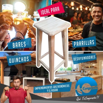Banco de Madera Banqueta / Taburete Fabricado en Pino Desayunador Bar Quincho Emprendimientos Garantia 2 Años - Imagen 9
