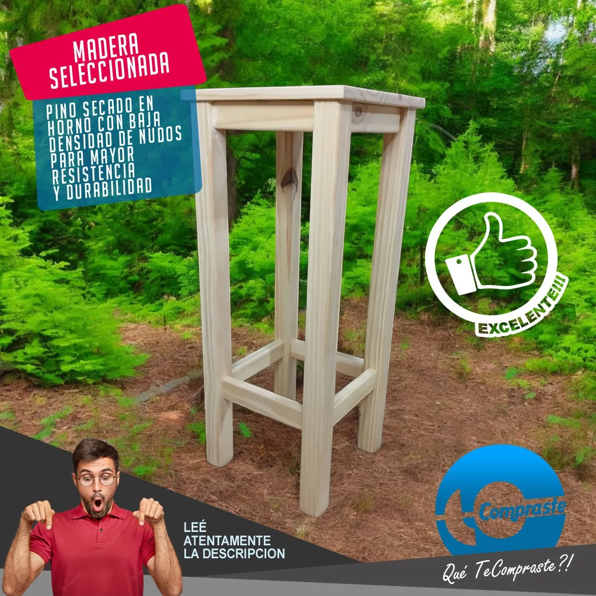 Banqueta Banco Alto Pino Natural Macizo Cocina Quincho Bar 77cm Garantia 2 Años - Imagen 4