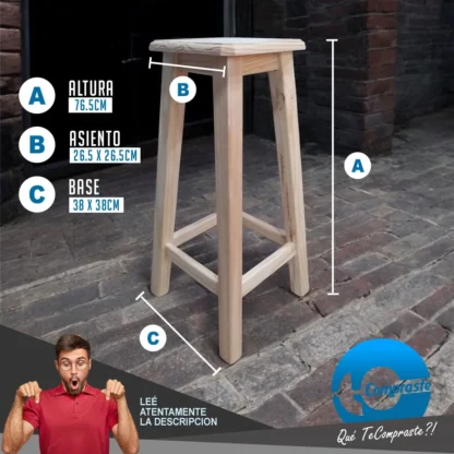 Banco de Madera Banqueta / Taburete Fabricado en Pino Desayunador Bar Quincho Emprendimientos Garantia 2 Años - Imagen 2