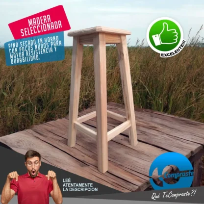 Banco de Madera Banqueta / Taburete Fabricado en Pino Desayunador Bar Quincho Emprendimientos Garantia 2 Años - Imagen 4
